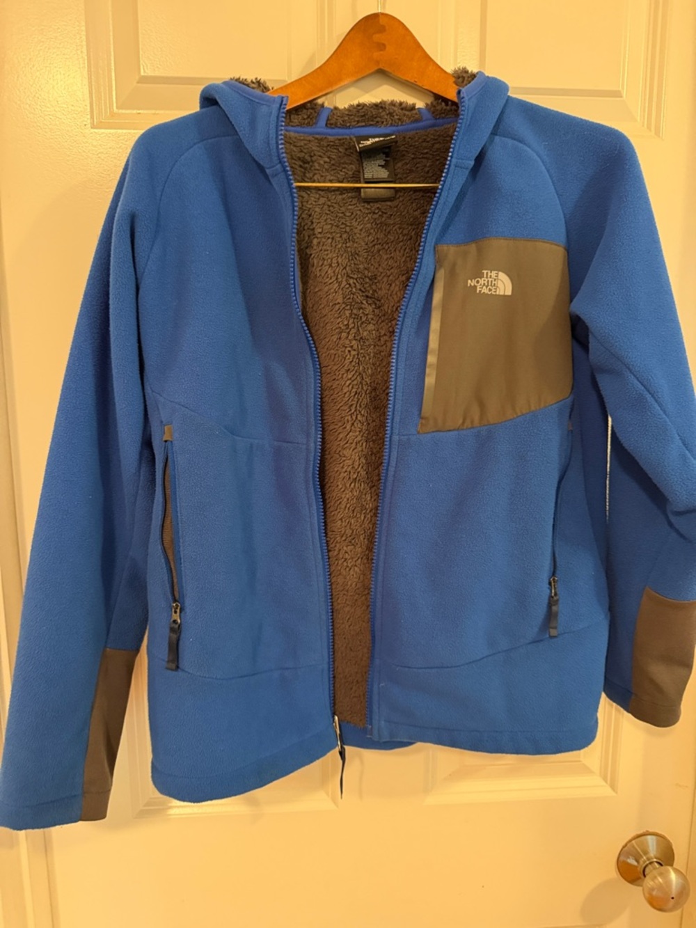 Boys The North Face Blue Fleece Hooded Jacket with Gray Panels